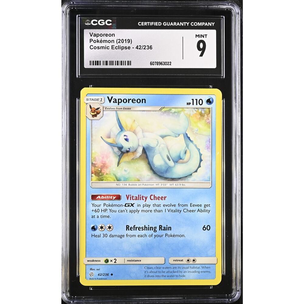 CGC 9 MINT Vaporeon 42/236 Pokémon 2019 Cosmic Eclipse Non Holo Uncommon (PSA)